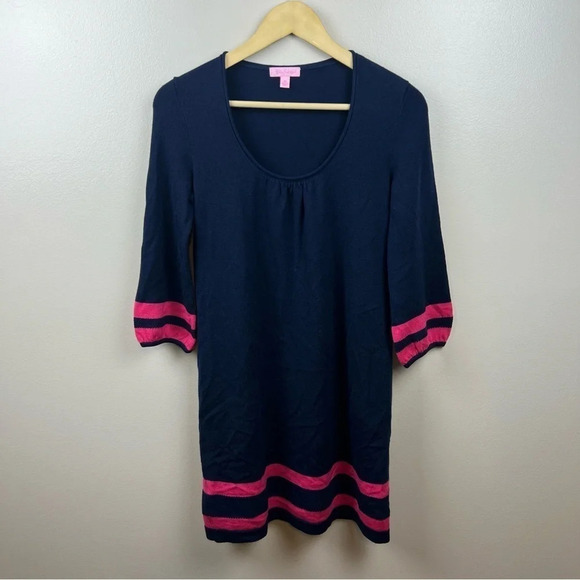 Lilly Pulitzer Connie Sweater Dress Size XS Blue Pink Stripes Preppy Merino Wool - Picture 1 of 9